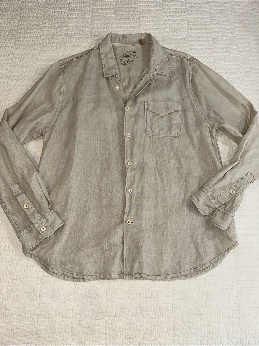 True Grit Linen Men's Button-Down Shirt Khaki Long Sleeve *needs button